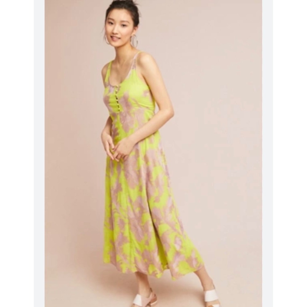 Anthropologie Akemi +‎ Kin Midi Dress Womens XS Chartreuse Floral Jacquard Boho